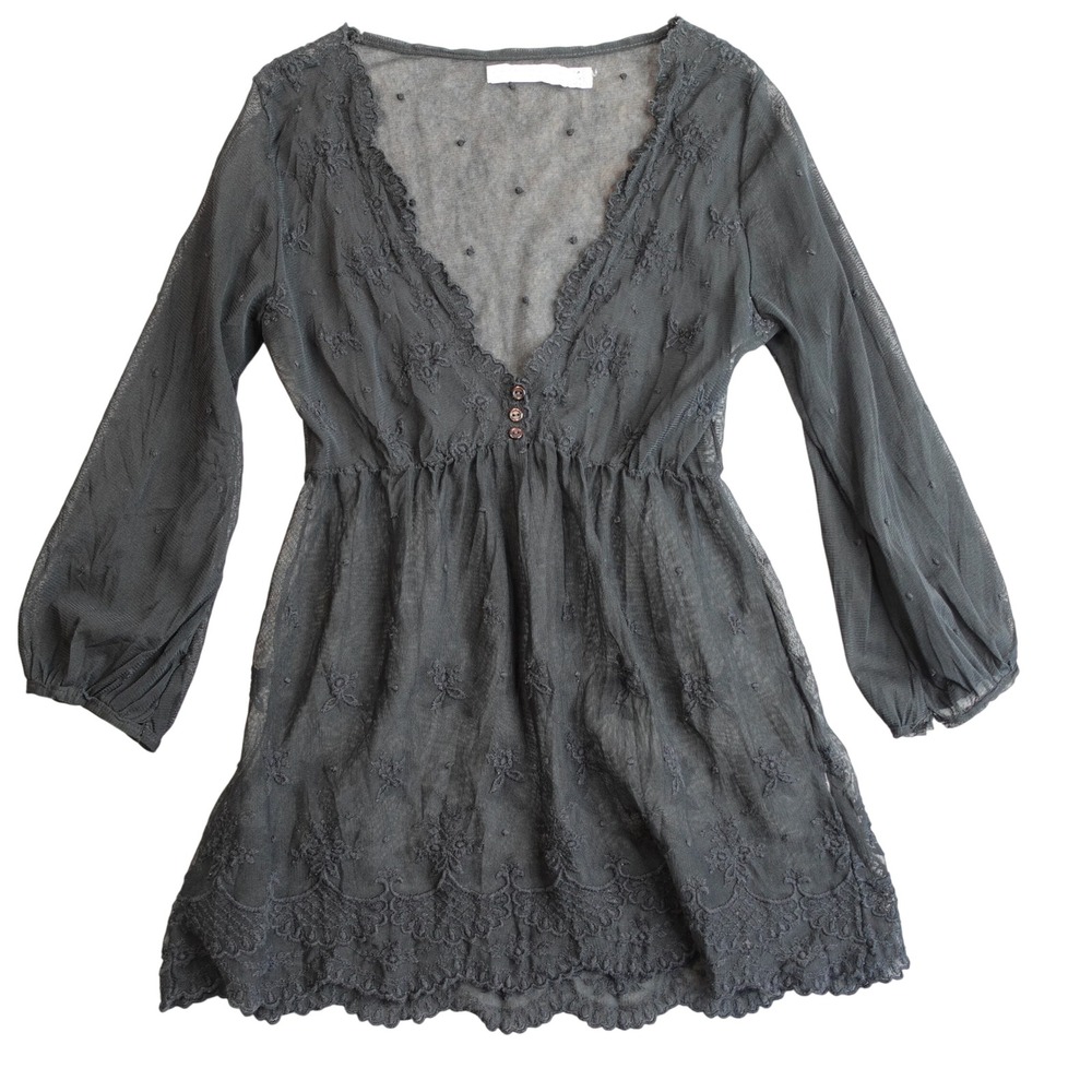 Vintage Y2K Zara Whimsigoth Babydoll Top M Black Sheer Mesh Embroidered Fairy